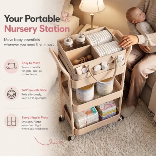 Beige 3 Tier Rolling Diaper Caddy Cart with Wheels and Detachable Dividers - Image 3