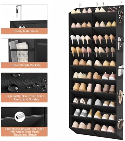 LANTEFUL Over the Door Shoe Organizer, Hanging Shoe Rack for Closet Door Shoe Storage for 30 Pairs Sneaker and Boots, Large Shoe Holder for Door with 10 Side Pockets, Space Saving, Black - Image 5