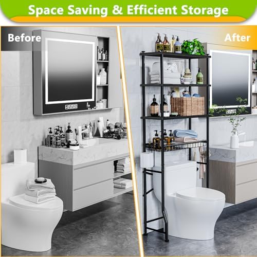 Mlinavn Over-The-Toilet Storage Rack, 4-Tier Bathroom Organizer Shelf Over Toilet with Adjustable Shelf and Basket, Freestanding Space Saver Bathroom Shelves Above Toilet for Room (Black) - Image 5