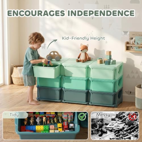 Qaba 9 Drawers Kids Storage Unit 3 Tier Stackable Toy Organizers Green - Image 5