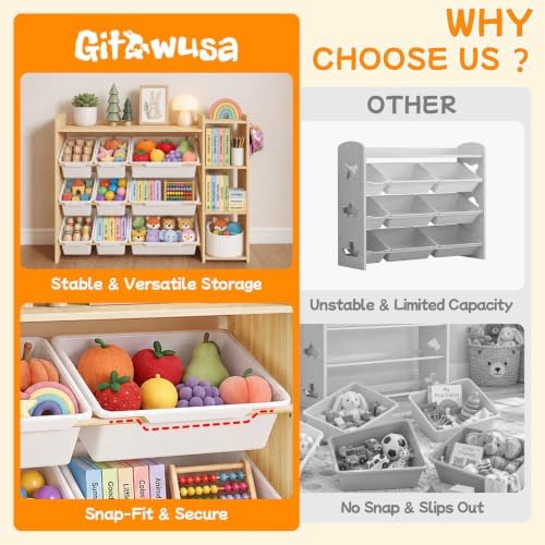 GITAWUSA Kids Toy Storage Organizer, Wooden Shelf with 3 Tiers and 9 Storage Bins, Nursery Room Organizer for Books and Toys, White and Natural Wood - Image 6