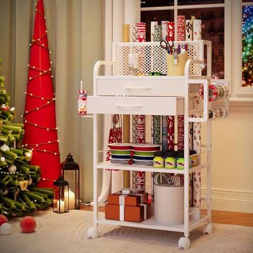 Rolling Wrapping Paper Storage Cart with 2 Drawers,16.5"x32"x11.4" - Image 3