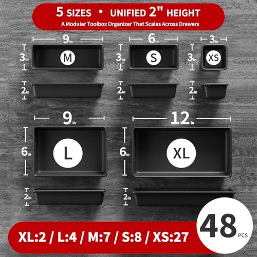 【48PCS & 5 Sizes】 Tool Box Organizer Tray, Toolbox Drawer Organizer with Non-Slip Pads, Desk Drawer Divider Set, Fits Rolling Tool Chest Cabinet for Garage & Workbench - Image 2