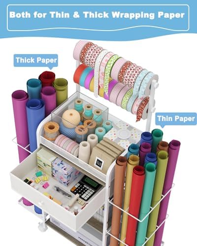 Rsaayekkt Rolling Wrapping Paper Storage Cart with Fabric Drawer White - Image 3