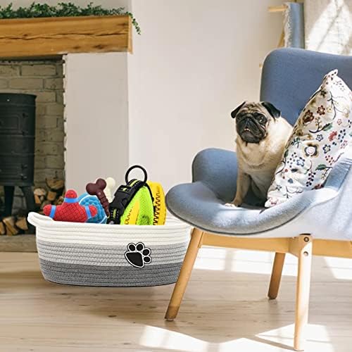 Small Woven Baskets for Organizing Rope Storage Basket with Handle Cute Cotton Basket for Nursery Gift Dog Toy Storage Bins for Toy Organizer Grey-white - Image 4