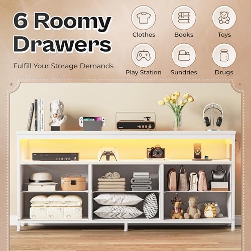 Huuger LED TV Stand for Bedroom, 55 Inch Fabric Dresser with Power Outlets, Entertainment Center for 60, 55, 50 Inch TV, 6 Drawer Dresser for Bedroom, Chest of Drawers with Shlef, PU Leather, White - Image 6