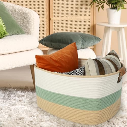 danpinera Large Woven Basket, 108L Rectangular Woven Storage Basket with Leather Handles, Stylish Organizer Bin for Home, Office, Laundry, Toys, or Blankets, 25’’*16’’*16’’ White & Green & Jute - Image 3