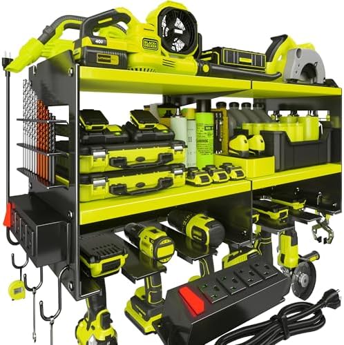 Spampur Power Tool Organizer, 15 Min Quick Assembly & Max 420lb Load by Heavy Duty Metal, 6 Slots for Cordless Drill with 4 Outlet Power Strip in Garage/Workshop/Suitable for Thanksgiving/Christmas by Spampur