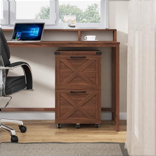 Halitaa Farmhouse 2 Drawer Small File Cabinet with Wheels, Walnut - Image 2