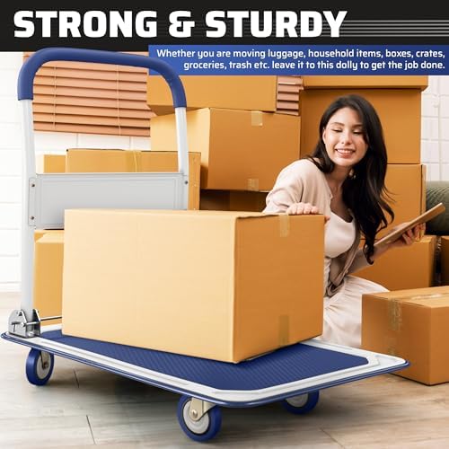 Heavy Duty Foldable Push Cart Dolly | 660 lbs. Capacity | Upgraded Collapsible Hand Truck Folding Platform with Swivel Wheels | Flat Bed Moving Wagon | Space Saving Push Handle (Blue) - Image 5