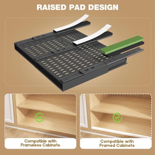 Seinloes Pull Out Cabinet Organizer, 4-Side Expandable to Fit Most Cabinets, 3 Rail Slide Out Drawers with Raising Pad for Framed & Frameless Cabinets, 15"-25" W x 17"-24" D, Black, 2 Pack - Image 4