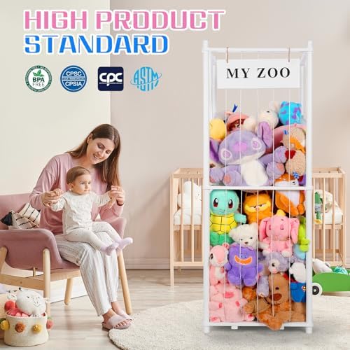 GLDZI Stuffed Animal Storage Zoo, Wooden Stuffed Animal Organizer with Elastic Cords for Boys Girls, Space Saving Toy Plushies Storage Holder for Playroom, Bedroom, Living Room (White, Large) - Image 3