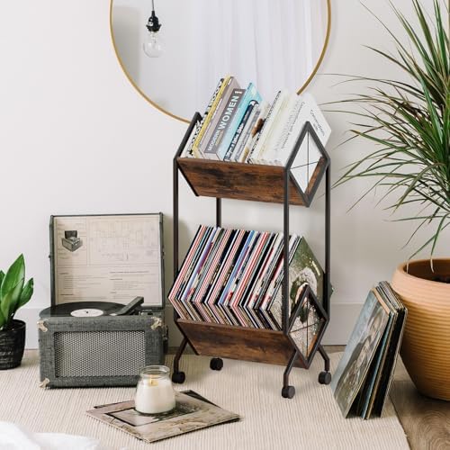 YINMIT Vinyl Record Holder, 160-200 LP Vinyl Record Storage Rack, Quick Assembly, Retro Style Organizer for Magazine, Book, Files, Albums (Retro Brown, 2 Tier) - Image 2