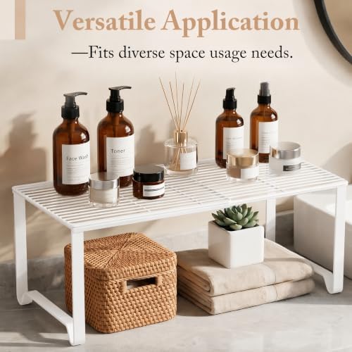 Extendable Metal Wire Shelf Organizer - Adjustable 15-24.4in Length, Stackable Storage Rack for Kitchen/Pantry/Bathroom/Shoe Cabinet/Tool Closet (1, White) - Image 4