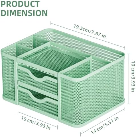 Marbrasse Mesh Desk Organizer, Pen Organizer with 2 Drawer, Multi-Functional Pencil Holder, Desk Organizers and Accessories with 5 Compartments + Drawer for Office Art Supplies (Green) - Image 4