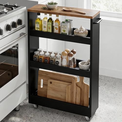 TEAMIX Wood 4-Tier Slim Rolling Storage Cart, 7.9"W, 24.8"D, 36.7"H, Black - Image 2