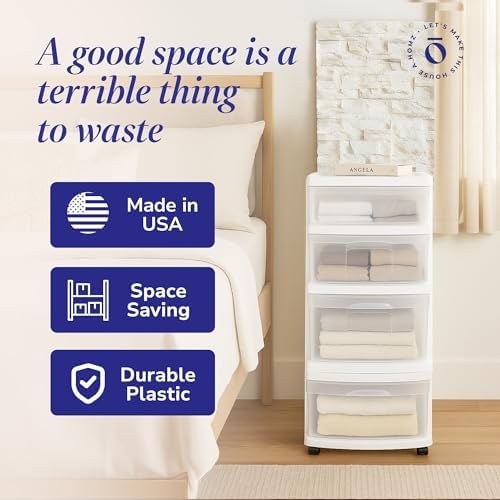 HOMZ Drawer Tower, 4-Tier Storage Cart with Removable Wheels, White, 2 Pack - Image 5