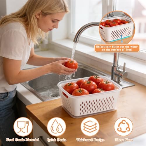 4 in 1 Food Storage Container,Fruit Storage Containers for Fridge,Produce Storage Containers with Lid and Strainer,Including Drain Basket,Keep Berry Fruit Fresh Longer(3PC-White) - Image 2