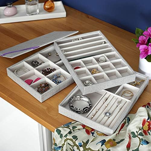 Household Essentials Grey Stacking Jewelry Organizer Box Tray Set with Removable Lid Fabric (744-1) - Image 6