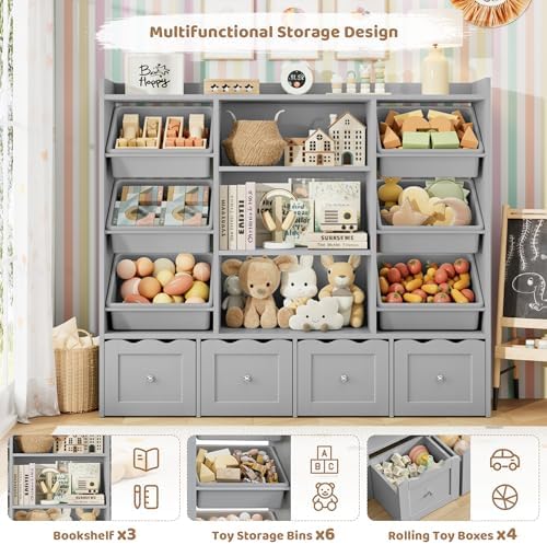 HITHOS 55" W Kids Toy Storage Organizer with 10 Toy Box & Book Shelf, Gray - Image 4