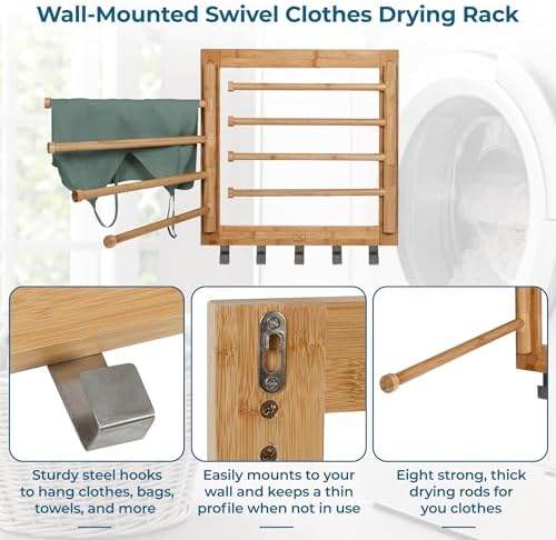 Honey-Can-Do Bamboo Wall-Mount Swivel-Arm Drying Rack, 80 lb, Natural - Image 6