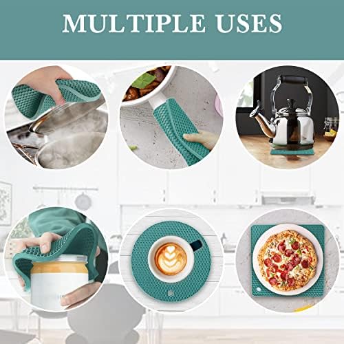 4 Pack Silicone Trivets for Hot Dishes, Dark Green Silicone Hot Pads Trivet for Hot Pots and Pans, 4 PCS Heat Resistant Silicone Mats Pot Holders for Kitchen Counter, Large Coasters & Jar Opener - Image 4