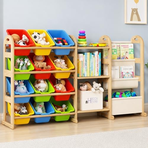 Toy Storage Organizer with 3 Shelves &12 Bins, Kids Bin Shelf, Multi Color | 2-Tier Bookshelf/Bookcase with Storage Box, Toys Box for Bedroom, Playroom, Organization Room Decor by Orekemo