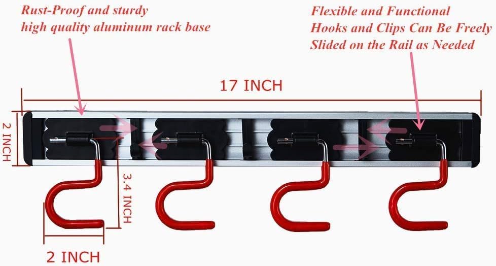 Wall Mounted Mop and Broom Holder, Stainless Steel, Red Black, 34 Inches, 8 Position Rack with 6 Hooks, S Type Organizer - Image 2