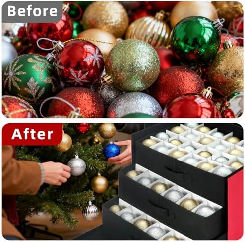 JY COOKMENT Christmas Ornament Storage Box with Adjustable Dividers, Large Holiday Ornaments Storage Container Bin with Lid for Xmas Decorations (72-3" Balls, Red, With Removable Tray) - Image 5