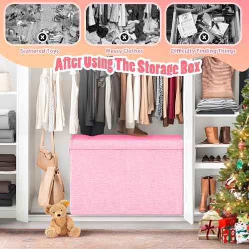 Large Toy Storage Box with Lid & Dividers, Collapsible Kids Toy Chest, Pink - Image 4