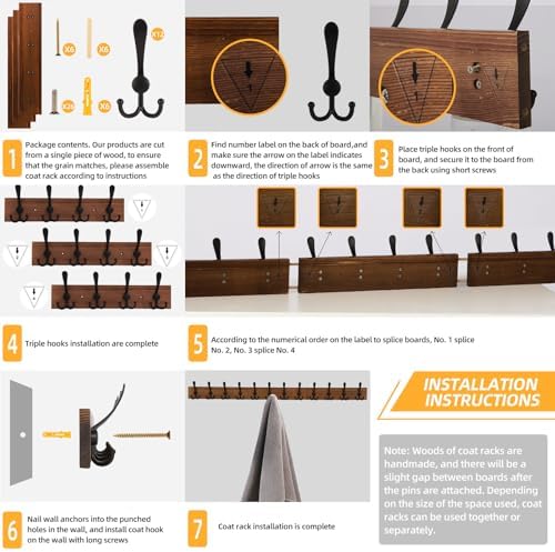 Wall Mount Coat Rack 47.3'' Burnt Brown Hanger - Rustic Towel Rack for Bathroom, Living Room - Hooks for Coats, Hats, Clothes - Image 7