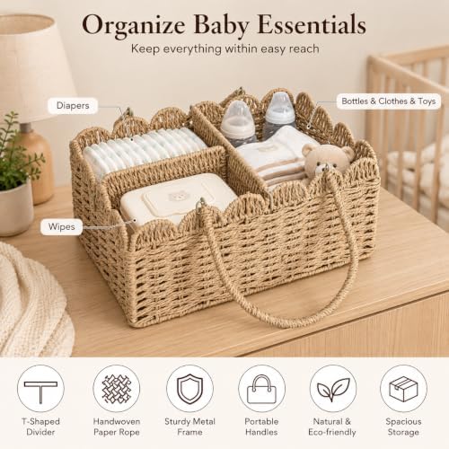 Large Wicker Diaper Caddy Organizer, Scalloped Nursery Basket for Changing Table, Woven Rope Baby Holder with Removable Divider, Portable Organizer for Diapers Wipes Clothes Toys & Essentials (Khaki) - Image 4
