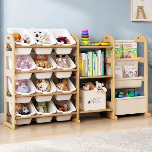 Toy Storage Organizer with 3 Shelves &12 White Bins, Kids Bin Bookshelf | 2-Tier Bookshelf/Bookcase with Storage Box, Toys Box for Bedroom, Playroom, Organization Room Decor by Orekemo