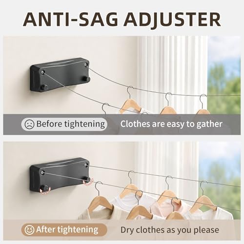 Anti-Sag Retractable Clothesline 40LB Capacity - 201in Stainless Steel Laundry Line for Indoor Outdoor, Wall Mounted Space Saving Easy Install (Gray, Double Lines) - Image 2