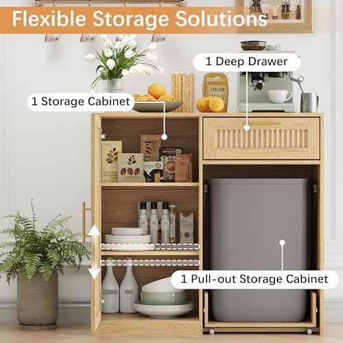 13 Gallons Pull Out Trash Can Cabinet with Storage, Natural Oak - Image 3