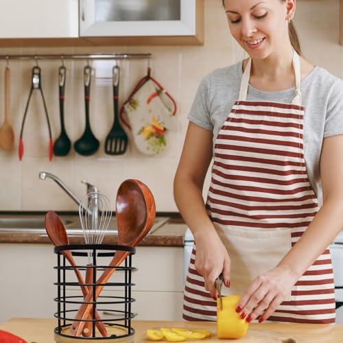 Black Kitchen Utensil Holder for Countertop, 360° Rotating Cooking Utensils Holder Caddy for Kitchen Counter-top, 5.2" x 6" Large Cylinder Spatula Holder Crock for Farmhouse Décor - Image 3