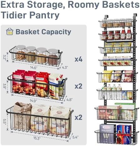 Over The Door Pantry Organizer, 8-Tier Over The Door Organizer with Adjustable Baskets, Metal Hanging Spice Rack for Pantry Organizers and Storage, Suitable for Kitchen Laundry Room & Bathroom, Black - Image 5