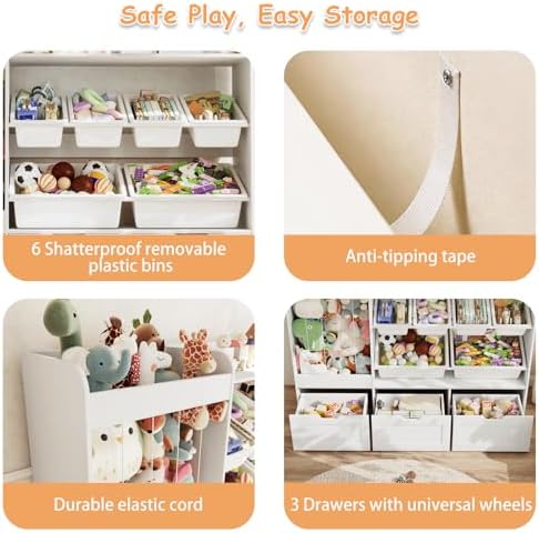 Kids Toy Storage, 50.6" W x 41.3" H Large Toy Organizers and Storage Cabinet with 6 Plastic Bins, 3 Rolling Drawers, Stuffed Animal Zoo, Wooden Organization Shelf for Playroom, Nursery(White) - Image 5