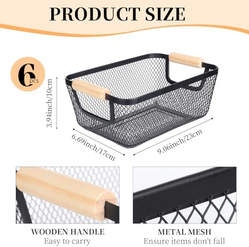 6 Pack Black Wire Basket with Wooden Handle, Storage Bins for Pantry - Image 4