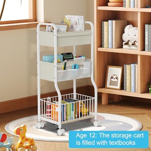 3-tier Baby Diaper Caddy Organizer and Storage Cart with 4+3 Dividers, Metal Utility Cart with Lockable Wheels for Nursery, Bedroom, Bathroom, White - Image 5