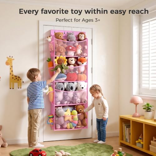 Over Door Stuffed Animal Storage Organizer Large Plush Toy Holder with Mesh Window Pink - Image 2