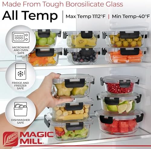 Magic Mill Premium Borosilicate Glass Food Storage Containers with lids Set | 24pc Sets with 12 Bowls & 12 Airtight Locking Lids for Lunch & Meal Prep, Safe for Oven, Freezer, Dishwasher, BPA-Free - Image 2