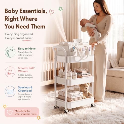 White 3 Tier Rolling Diaper Caddy Cart with Wheels,3in1 Detachable Dividers - Image 2
