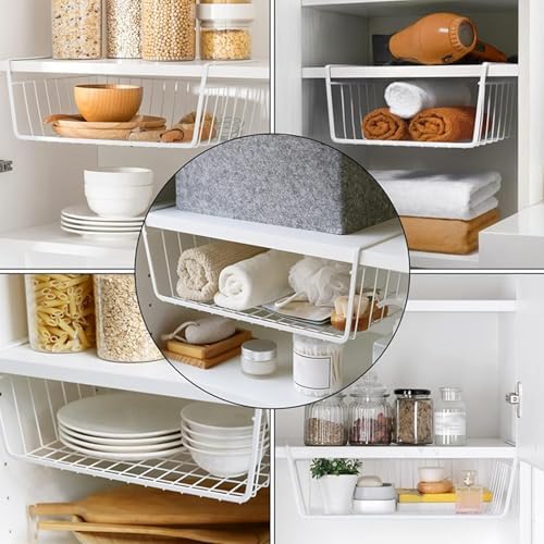 Tebery 4 Pack White Under Shelf Wire Basket Hanging Storage Baskets, Under Cabinet Add-on Storage Racks Slide-in Baskets Organizer for Kitchen Pantry Desk Bookshelf - Image 3