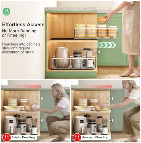 Stainless Steel Pull Out Cabinet Organizer(11.8"W x 16.5"D x 4.7"H)-1 Pack, Minimalist Design Frame, Full-Extension Slide Rails, Easy Installation for Pantry Organizers or Kitchen Cabinet Organizer - Image 5