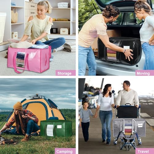 8 Pack Extra Large Moving Bags Heavy Duty 180GSM,130LBS 100L Totes with Visible Window, Zippers & Wrap-Around Handles, Waterproof Reusable, Alt to Moving Boxes, Pink - Image 7