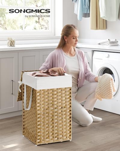 SONGMICS Laundry Hamper with Lid, 17.2 Gallon (65 L) Synthetic Rattan Clothes Laundry Basket with Lid and Handles, Foldable, Removable Liner, Goose Yellow ULCB165N01 - Image 2