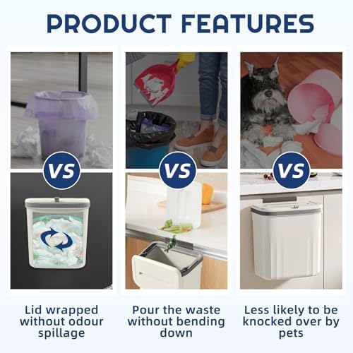 3 Pack Hanging Trash Can with Lid, 10L/2.6 Kitchen Compost Bin for Counter Top or Under Sink, Small Plastic Waste Basket Wall Mounted Garbage Can for Cupboard/Bathroom/Bedroom/Office/Camping (White) - Image 5