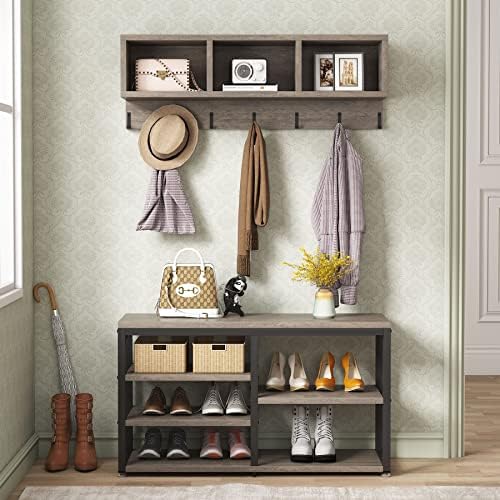Tribesigns Coat Rack Shoe Bench Set Industrial, Hall Tree with 3 Storage Cubbies, 7 Hooks for Entryway, Hallway, 5-in-1Design, Vintage Grey by Tribesigns