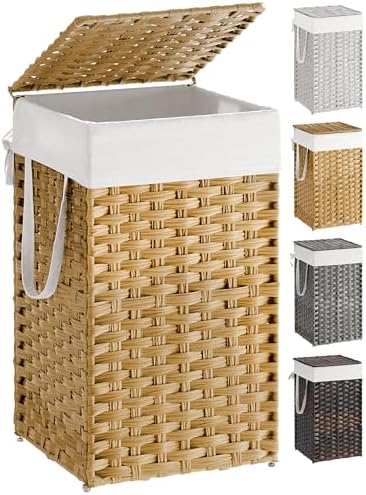 SONGMICS Laundry Hamper with Lid, 17.2 Gallon (65 L) Synthetic Rattan Clothes Laundry Basket with Lid and Handles, Foldable, Removable Liner, Goose Yellow ULCB165N01 by SONGMICSbySONGMICSHOME